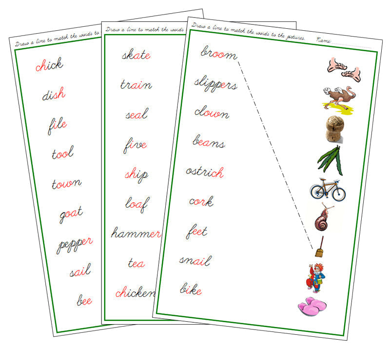 Green Phonogram Word & Picture Match - Set 1 - CURSIVE - Montessori Print Shop phonogram lesson