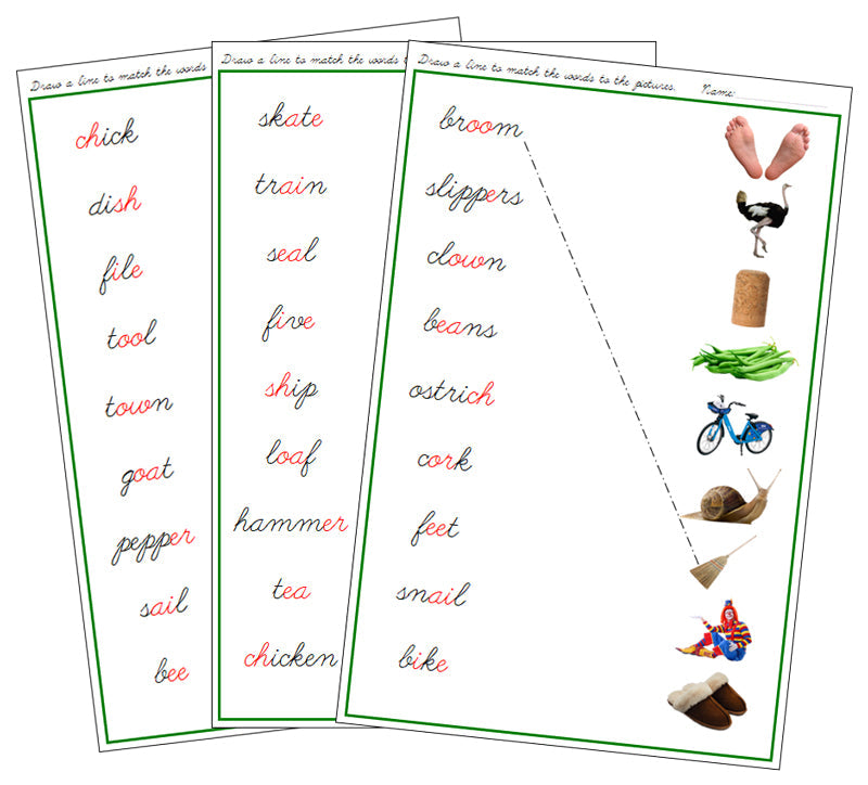 Green Phonogram Word & Picture Match - Set 1 (photos) - CURSIVE - Montessori Print Shop phonogram lesson