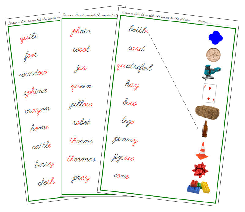 Green Phonogram Word & Picture Match - Set 2 (photos) - CURSIVE - Montessori Print Shop phonogram lesson