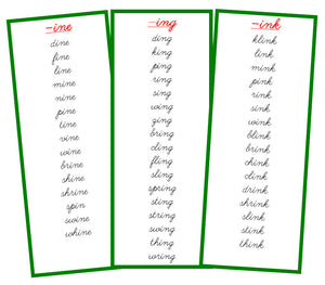 Green Phonogram Word Families - CURSIVE - Montessori Print Shop language lesson