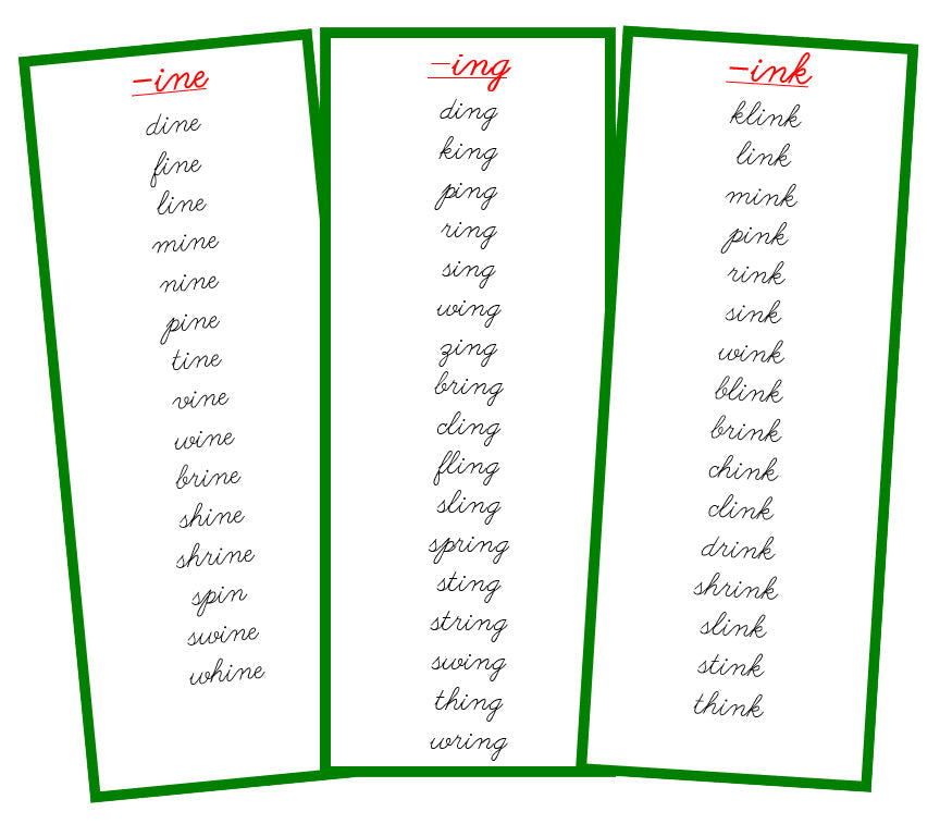 Green Phonogram Word Families - CURSIVE - Montessori Print Shop language lesson
