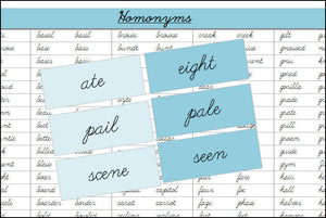Homonyms (color, cursive) - Montessori Print Shop Grammar Lesson