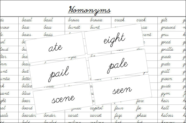 Homonyms Matching Cards (cursive) - Montessori Print Shop Grammar Lesson