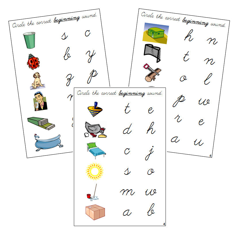 Step 1: Initial Sound Choice Cards - CURSIVE - Montessori Print Shop phonics lesson