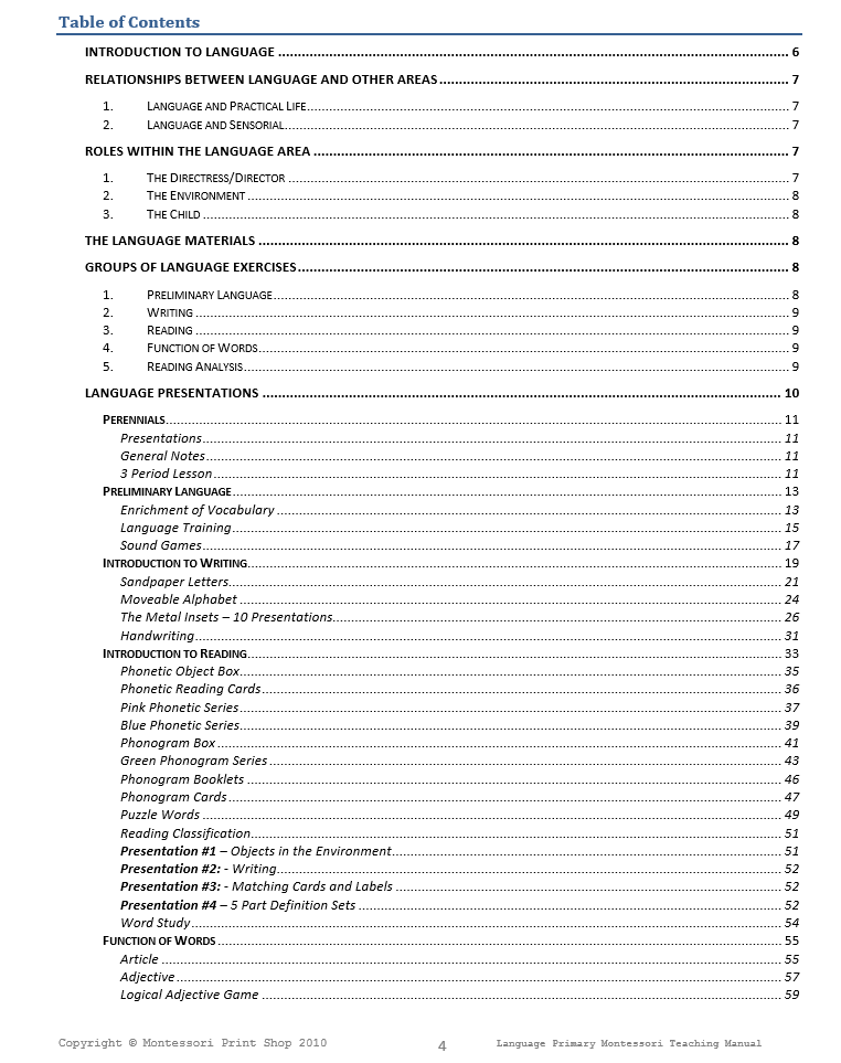 Montessori language table of contents - Montessori Print Shop Primary Teaching Manuals