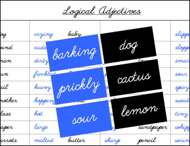 Logical Adjectives (color, cursive) - Montessori Print Shop Grammar Lesson