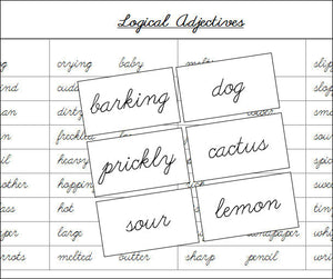 Logical Adjectives Matching Cards (cursive) - Montessori Print Shop grammar lesson