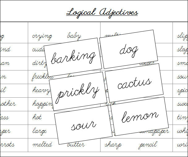 Logical Adjectives Matching Cards (cursive) - Montessori Print Shop grammar lesson