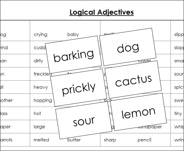 Logical Adjectives Matching Cards - Montessori Print Shop grammar lesson