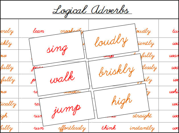 Logical Adverbs Matching Cards (cursive) - Montessori Print Shop grammar lesson