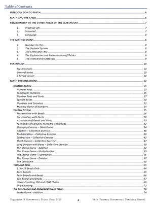 Montessori math table of contents - Montessori Print Shop Primary Teaching Manuals