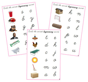 Pink Initial Sound Choice Cards (photos) - CURSIVE - Montessori Print Shop phonics lesson
