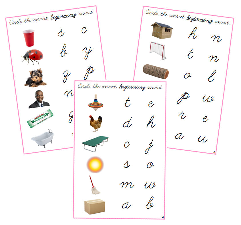 Pink Initial Sound Choice Cards (photos) - CURSIVE - Montessori Print Shop phonics lesson