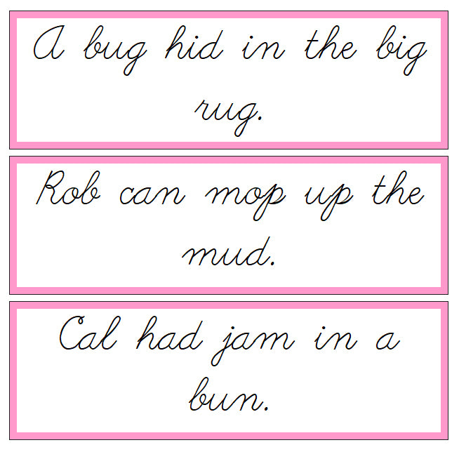 Pink Sentence Cards - Set 3 - CURSIVE - Montessori Print Shop phonics lesson