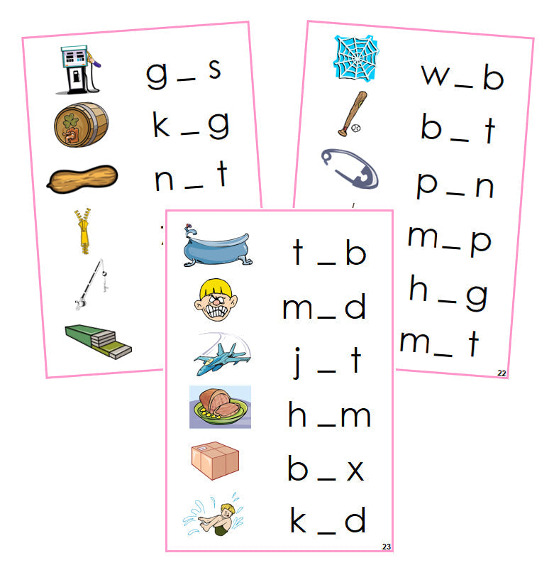 Pink vowel sound cards - Montessori phonetic language cards - Montessori Print Shop