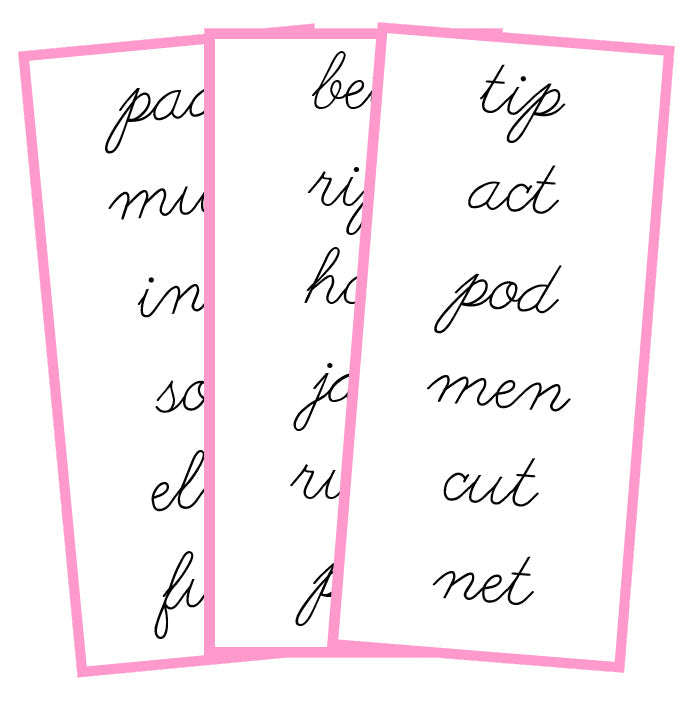 Pink Word Lists - CURSIVE - Montessori Print Shop phonics lesson