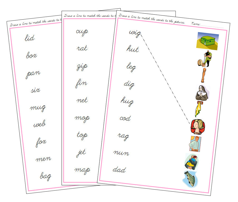 Pink Word & Picture Match - CURSIVE - Montessori Print Shop phonics lesson