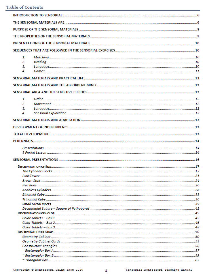 Montessori sensorial table of contents - Montessori Print Shop Primary Teaching Manuals