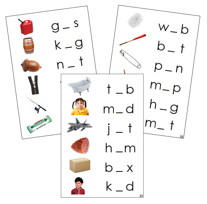 Step 1: Vowel Sound Cards (photos) - Montessori Print Shop phonics program