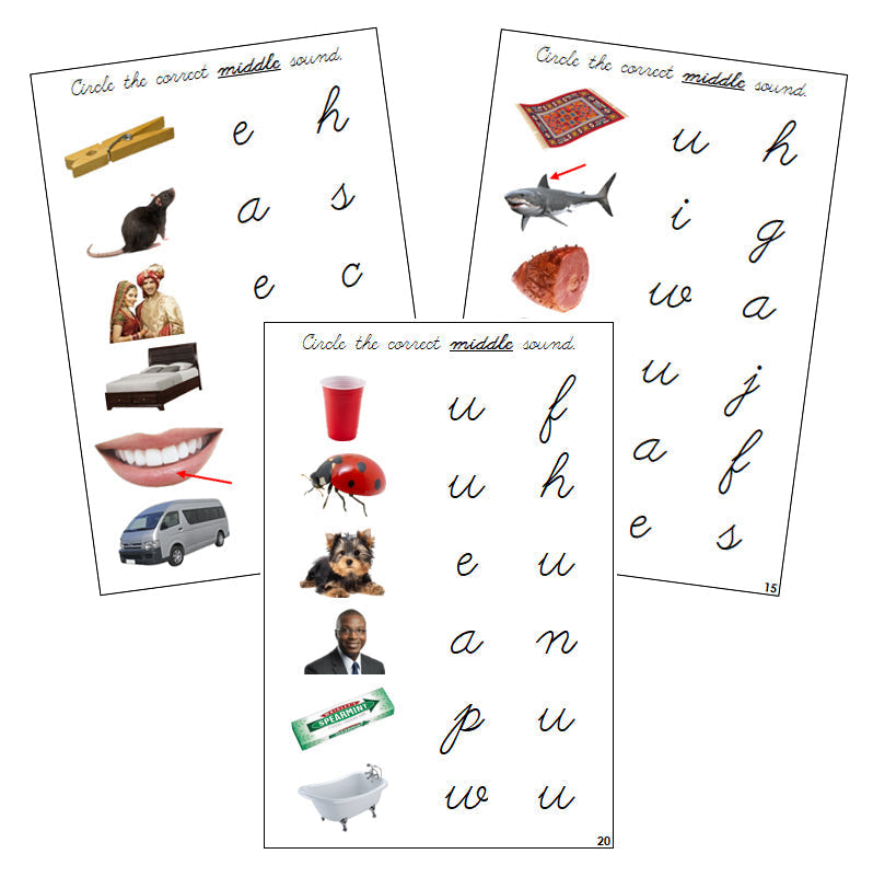 Step 1: Vowel Sound Choice Cards (photos) - CURSIVE - Montessori Print Shop phonics lesson