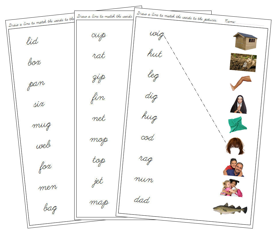 Step 1: Word & Picture Match (photos) - CURSIVE - Montessori Print Shop phonics lesson