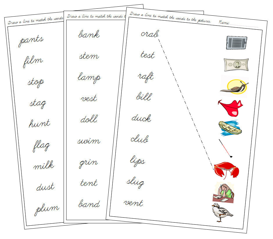 Step 2: Word & Picture Match - CURSIVE - Montessori Print Shop phonics lesson