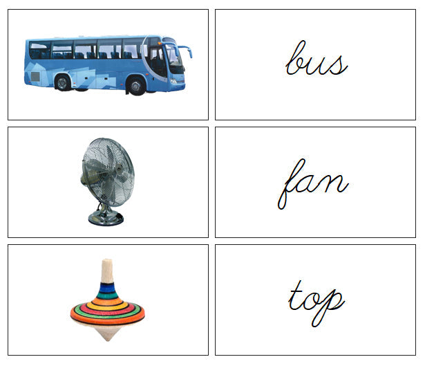 Step 1: Words & Picture Cards (photos) - CURSIVE - Montessori Print Shop phonics lesson