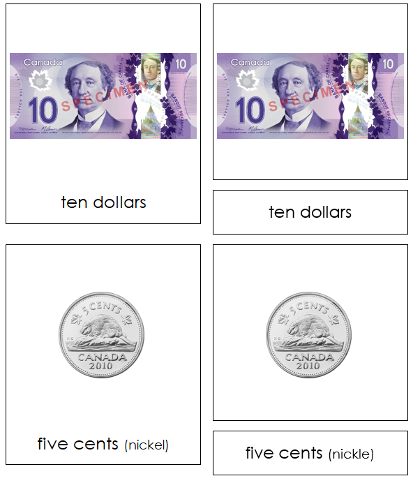 Canadian Currency Cards - Montessori Print Shop